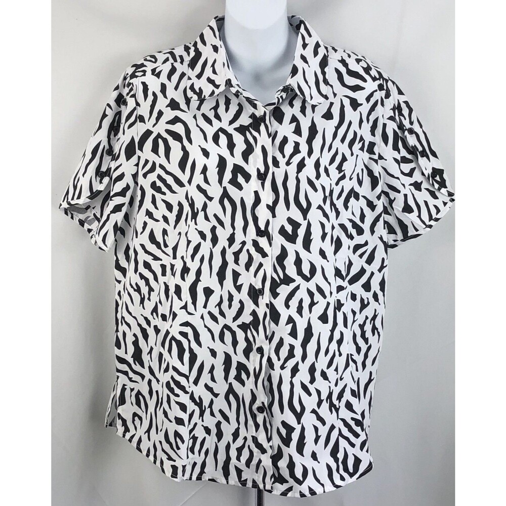 Retro 80s Top L Wht/Blk Geo Animal Print Button Up Shortsleeve Zebra glam office